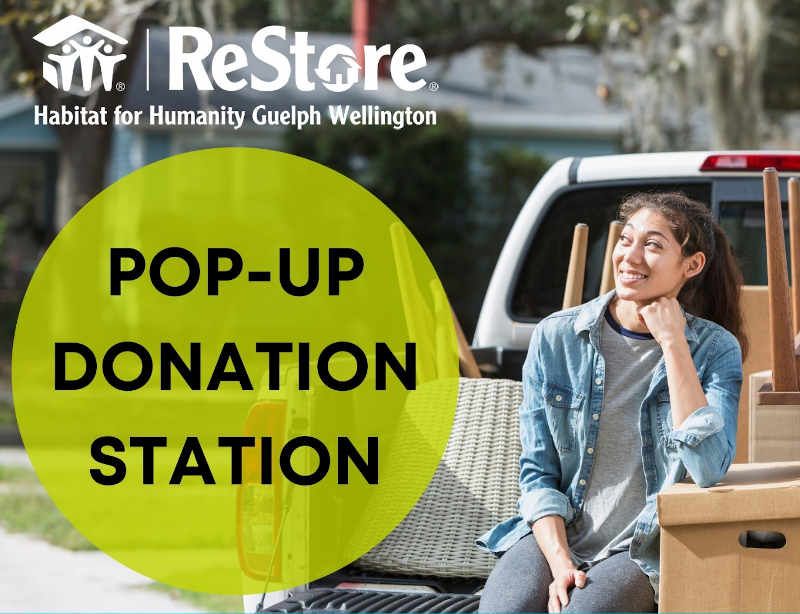 woman sitting on bed of pickup truck with text pop-up donation station